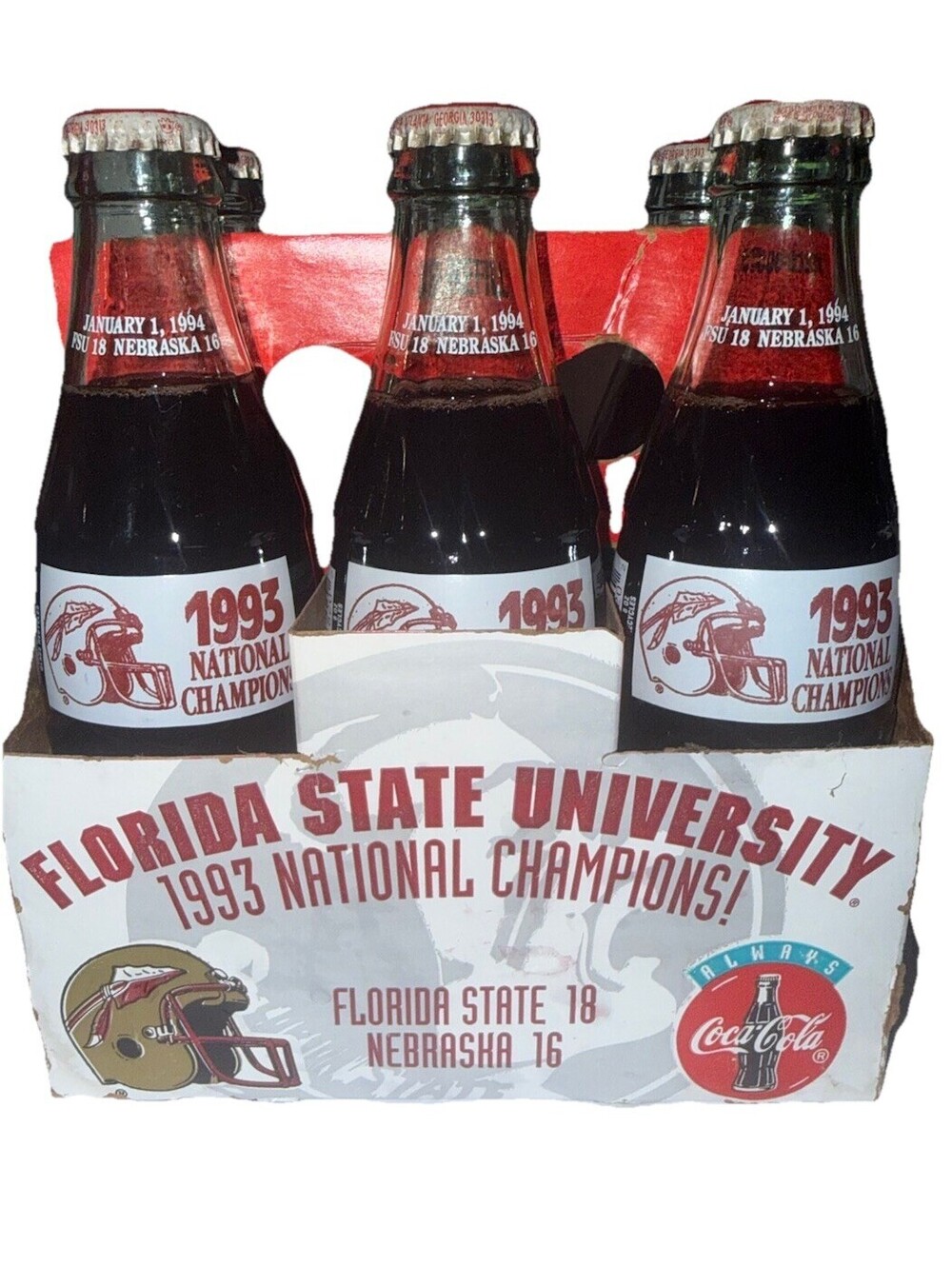 1993 FSU National Champions 6 Pack Coca Cola Classic 6-8oz Bottles Florida State